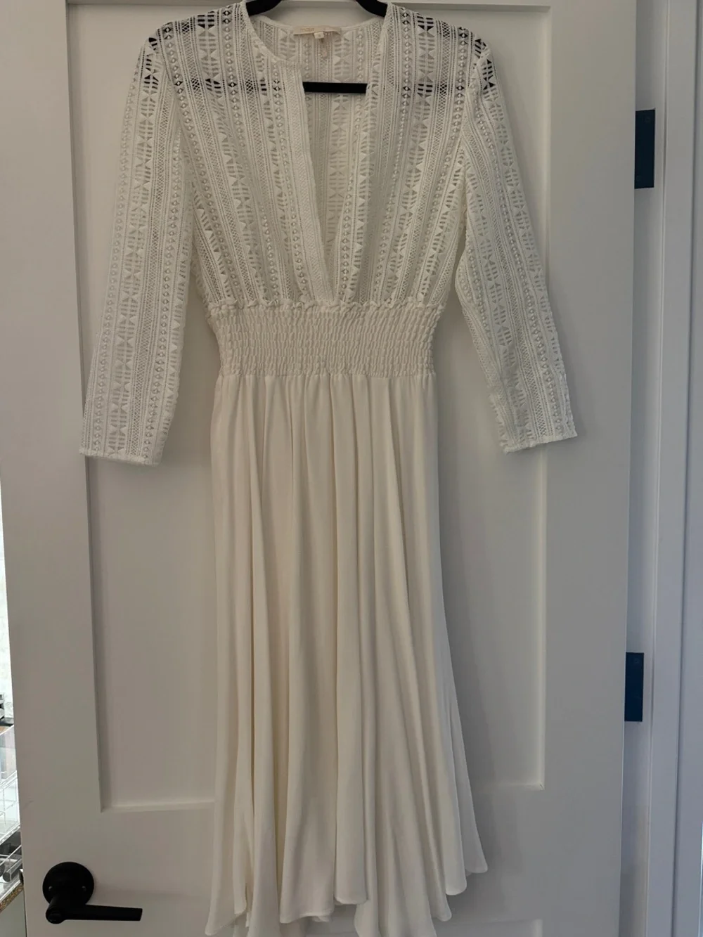 Maje White Lace Bodice Smocked Waist Midi Dress